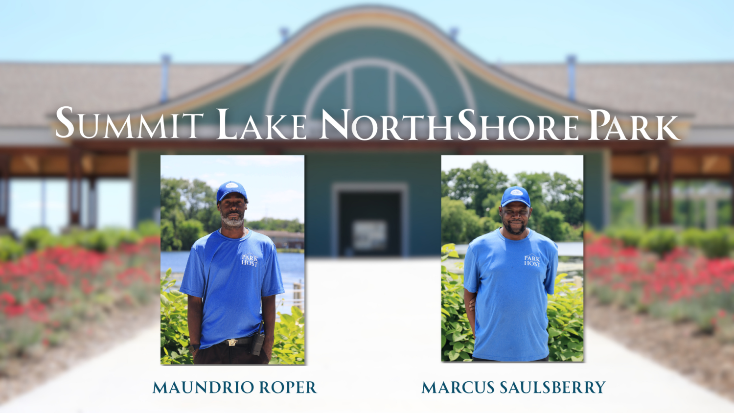 Park Host headshots over blue pavilion